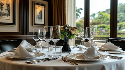 Elegant Table Setting With Flowers And Window View