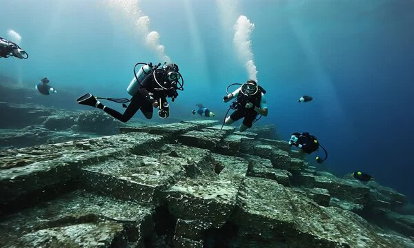 Underwater Exploration: Divers Investigating Ancient Submerged Structures