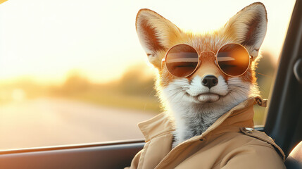 fashionable fox wearing sunglasses and trench coat, sitting in car during sunset, exuding cool and confident vibe