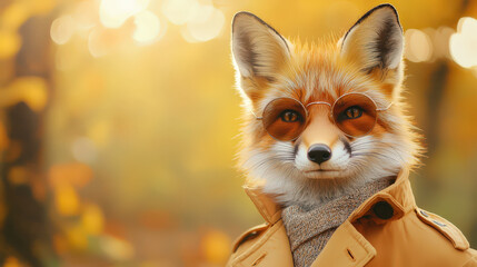 fashionable fox wearing sleek trench coat and glasses stands in vibrant autumn setting. warm colors of background enhance stylish appearance of fox