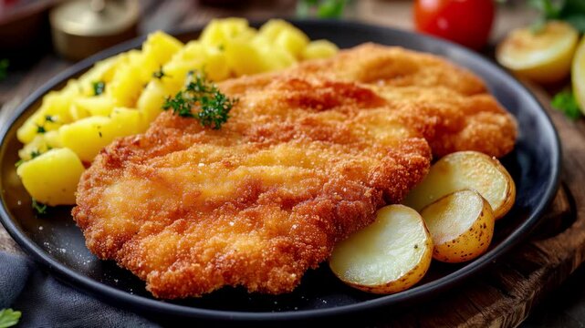 A golden-breaded German Wiener Schnitzel with crispy edges, served alongside potatoes on a rustic wooden table