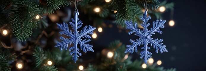 Fototapeta premium A delicate snowflake gently falls onto a dark blue Christmas tree with ornaments and lights, snowflake, frosty details