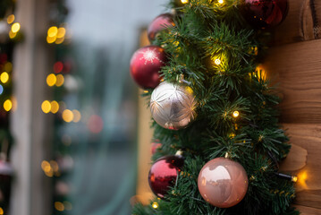 A closeup shot of a Christmas beautiful decorations and lights in City