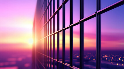 close up view of futuristic building with grid structure, showcasing vibrant colors of sunset. scene evokes sense of modernity and tranquility