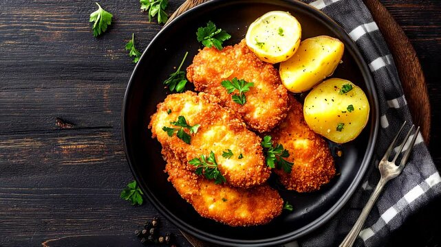 A golden-breaded German Wiener Schnitzel with crispy edges, served alongside potatoes on a rustic wooden table