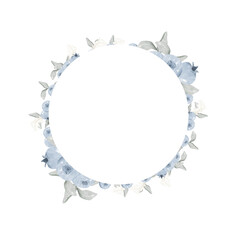 Round Watercolor Frame with Light Blue Blueberries, Green Foliage, Delicate Vegetation Branches, for Invitations, Cards, Printing and Web