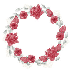 Wreath Round Frame Watercolor Floral with Red Flowers and Green Leaves, Web Use and Print on Physical Products Cards, Invitations, Posters and Banners, Labels and Flyers