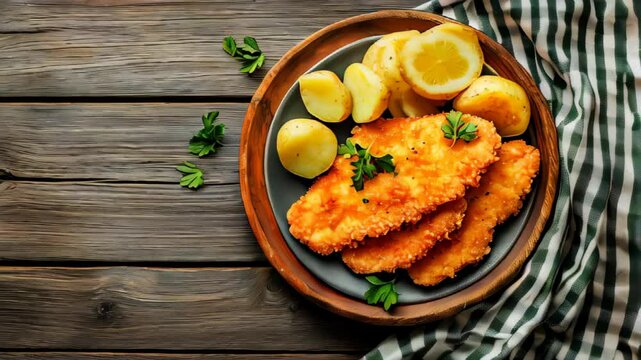 A golden-breaded German Wiener Schnitzel with crispy edges, served alongside potatoes on a rustic wooden table