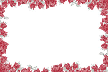 Rectangular Watercolor Horizontal Floral Frame with Red Peony Flowers, Lotus, Magnolia, Sage Leaves, Illustration for Print and Web Design