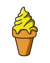 Ice cream waffle cones cartoon. Melting yellow ice cream illustration. Tranpsarent background
