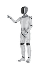 Humanoid robot with black face finger point isolated on white