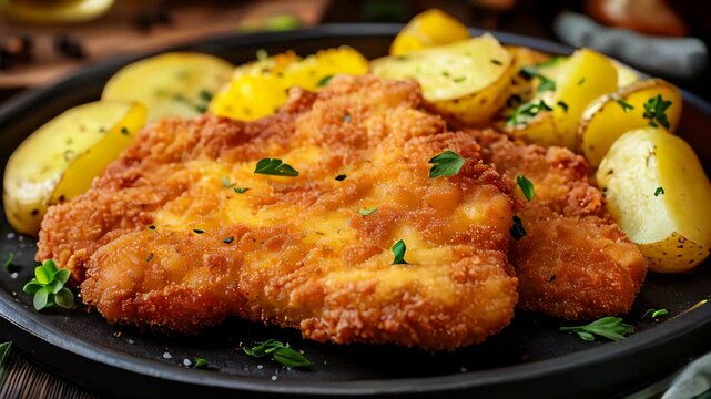 A golden-breaded German Wiener Schnitzel with crispy edges, served alongside potatoes on a rustic wooden table