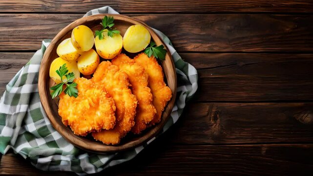 A golden-breaded German Wiener Schnitzel with crispy edges, served alongside potatoes on a rustic wooden table