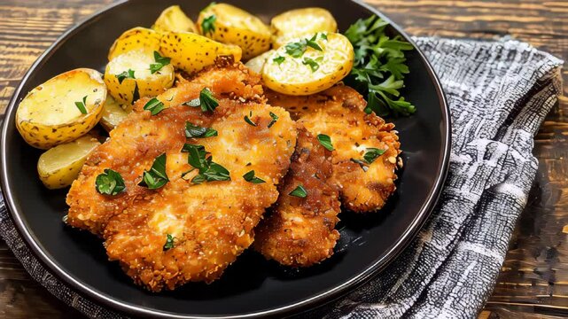 A golden-breaded German Wiener Schnitzel with crispy edges, served alongside potatoes on a rustic wooden table