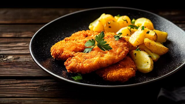 A golden-breaded German Wiener Schnitzel with crispy edges, served alongside potatoes on a rustic wooden table
