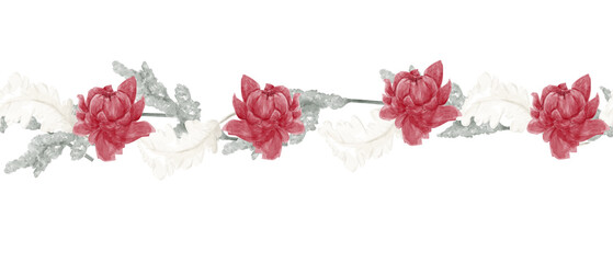 Seamless Floral Watercolor Border with Big Red Lotus or Peony Flowers, Magnolia, Amaranthus Twigs, White Feathers, for Print and Web Design