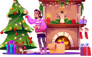 Woman decorate home Christmas tree near fireplace. Cozy living room indoor design with garland and fire place isolated Christmas apartment. Happy holiday scene with present, light and candle
