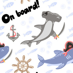 Cartoon seamless pattern of pirate sharks and fishes for textile and wrapping paper.