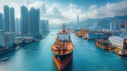 Obraz premium A massive ship in a high-tech shipyard, surrounded by modern skyscrapers, clear blue skies, mountains, and the ocean.