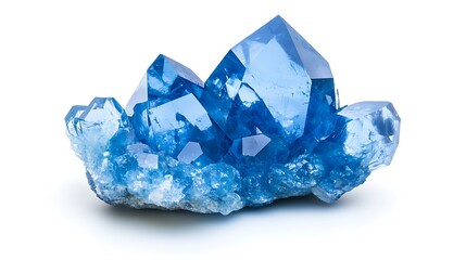 A cluster of bright blue crystals, faceted and translucent, on a white background.

