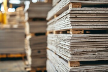 Obraz premium Gypsum panels in a bundle Stacked boards for building Pallet of drywall at the supply store Construction supplies Drywall depot