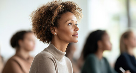 A woman attending a seminar, focused and engaged, reflecting on the insights shared by the speaker. Security Awareness Training Classroom.