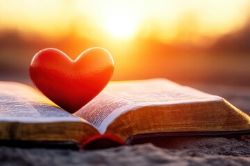 Heart shaped book on Bible pages with a sunset backdrop