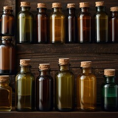 A collection of essential oil bottles in various colors rests on a wooden surface, surrounded by fresh flowers, exuding natural beauty and aromatic bliss. 