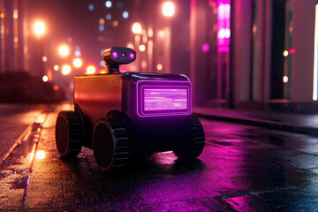 sleek robotic delivery vehicle with futuristic vibe, illuminated by vibrant neon lights on wet street. atmosphere is dynamic and modern, showcasing advanced technology