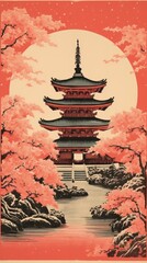 Obraz premium Japanese wood block print illustration of shrine architecture building pagoda.