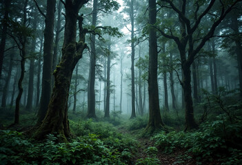 Obraz premium A dense, misty forest with tall, dark trees and lush green undergrowth