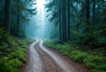 Obraz premium A dirt path winding through a lush, green forest with tall trees and dense foliage on both sides