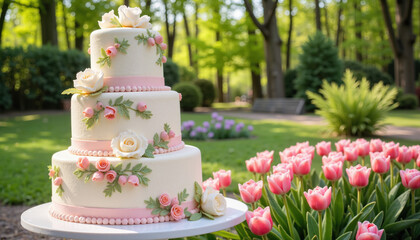 Floral wedding cake with pink roses in garden setting