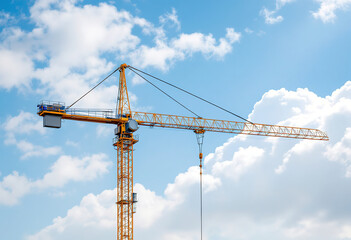 A large yellow construction crane against a blue sky with some clouds