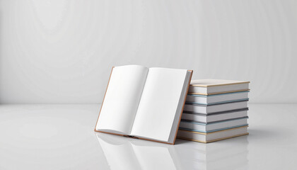 Open book with stack of closed books on clean white background