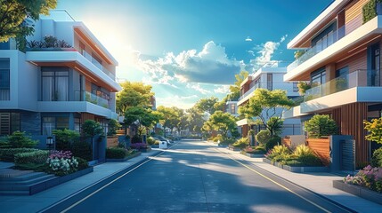 Modern city, daytime, single-family villa, street view.