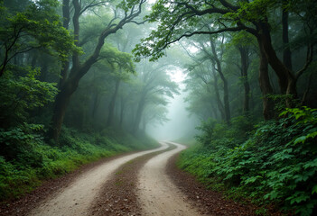 Naklejka premium A winding dirt road through a lush, misty forest with dense foliage and trees shrouded in fog
