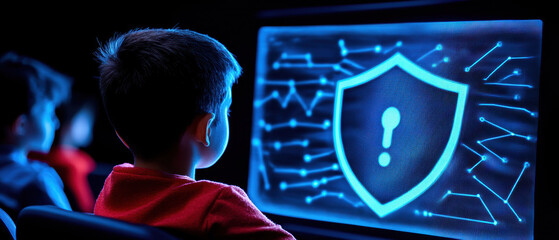 A young child engages with cybersecurity on a digital device, emphasizing the importance of online safety. Security Awareness Training Classroom with a shield.