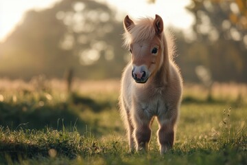 Fototapeta premium Image of an adorable Shetland pony foal in springtime on a field