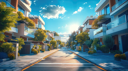 Modern city, daytime, single-family villa, street view.