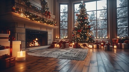 A cozy living room with large windows, a fireplace, and decorations for Christmas, a tree, candles, and presents on the floor.