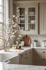 Rustic, modern kitchen with light beige cabinets, marble countertop, white sink, and spring blossoms.