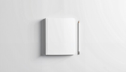 Blank white hardcover book and pencil on white background