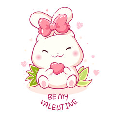 Cute Valentine card in kawaii style. Lovely little bunny with pink heart. Inscription Be my Valentine. Can be used for t-shirt print, stickers, greeting card design. Vector illustration EPS8