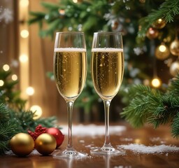Glass of champagne nestled among the branches of a sparkling Christmas tree with snowflakes, shine, luxury, sparkle
