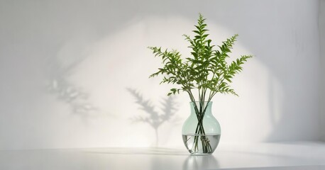 Glass vase containing a single shoot of zuzu plant on a light and airy green surface in front of a clean and simple white wall , indoor decor, green tablecloth