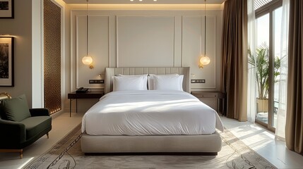 A luxurious hotel bedroom blending contemporary design with traditional elements.
