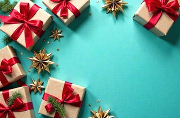 Greeting card, frame, banner Merry Christmas and happy holidays. White Christmas gifts, red ribbons, decorations on a blue background, top view. The Christmas theme of the winter holidays.