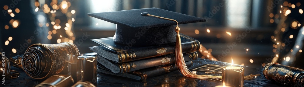 Poster a graduation cap is on top of a stack of books