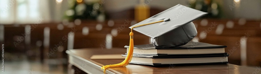 Poster a graduation cap resting on a stack of diplomas on a ceremonial table.